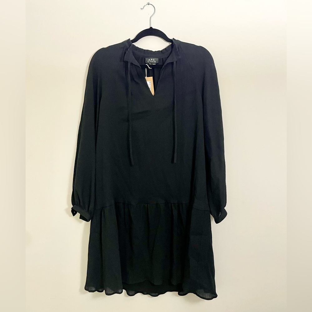 APC Natalia Cotton Mini Dress Black Drop Waist Tie Neck Summer Sundress Medium 6